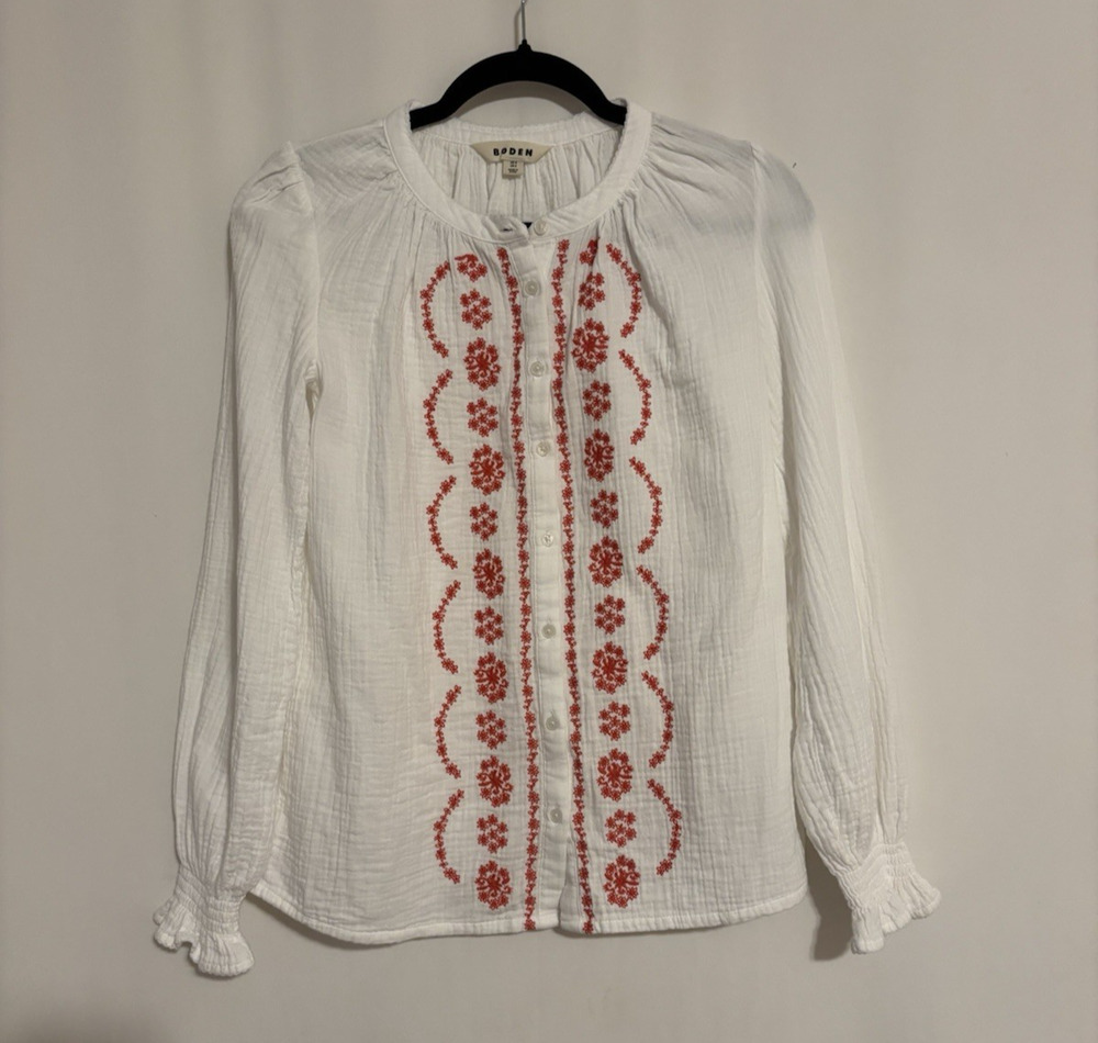 Boden Top Blouse S Womens White Embroidered Long Sleeve Button Up